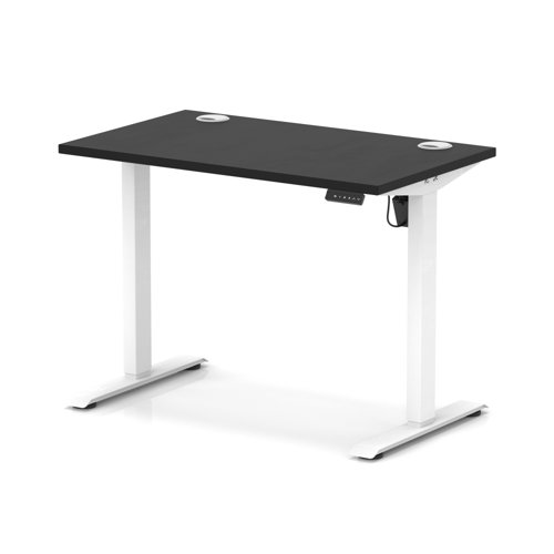 Air Lite 1000 x 600mm Height Adjustable Office Desk Black Top Cable Ports White Leg