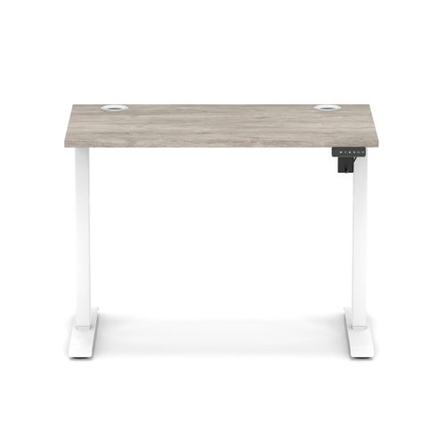 Air Lite 1000 x 600mm Height Adjustable Office Desk Grey Oak Top Cable Ports White Leg