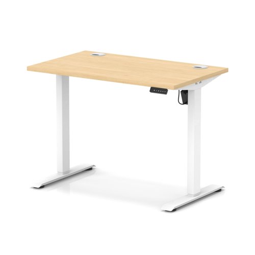 Air Lite 1000 x 600mm Height Adjustable Office Desk Maple Top Cable Ports White Leg