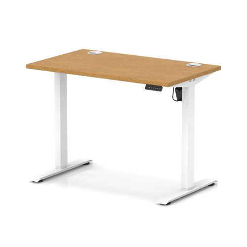 Air Lite 1000 x 600mm Height Adjustable Office Desk Oak Top Cable Ports White Leg