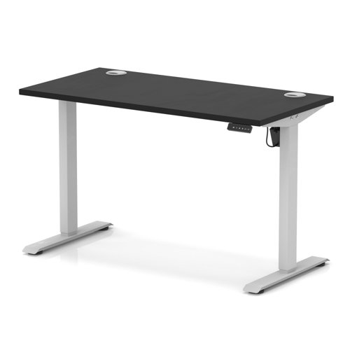 Air Lite 1200 x 600mm Height Adjustable Office Desk Black Top Cable Ports Silver Leg