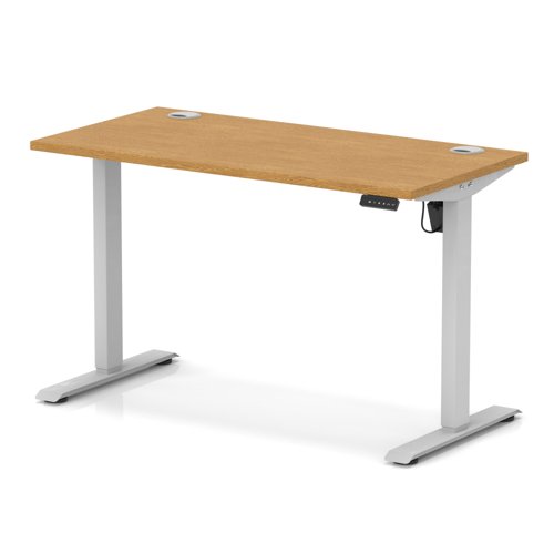 Air Lite 1200 x 600mm Height Adjustable Office Desk Oak Top Cable Ports Silver Leg