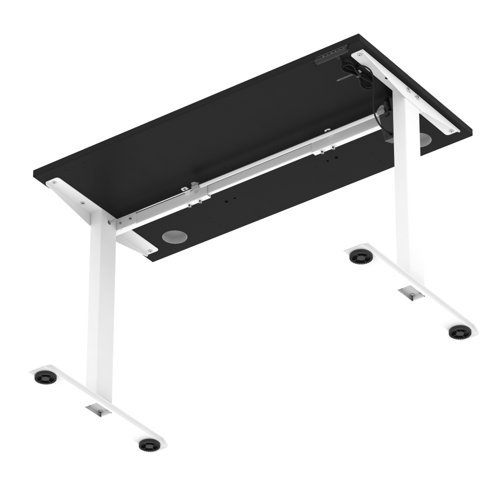 Air Lite 1200 x 600mm Height Adjustable Office Desk Black Top Cable Ports White Leg