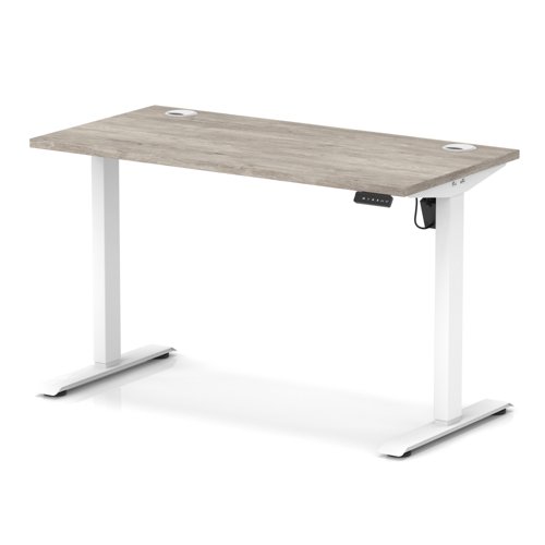Air Lite 1200 x 600mm Height Adjustable Office Desk Grey Oak Top Cable Ports White Leg