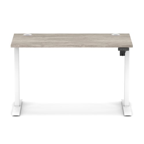 Air Lite 1200 x 600mm Height Adjustable Office Desk Grey Oak Top Cable Ports White Leg