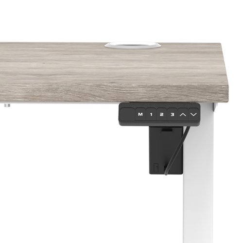 Air Lite 1200 x 600mm Height Adjustable Office Desk Grey Oak Top Cable Ports White Leg