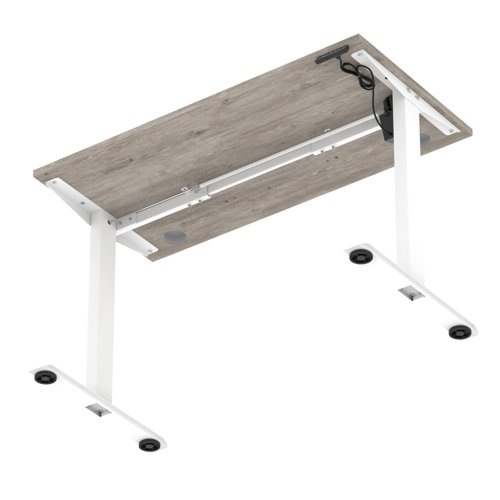 Air Lite 1200 x 600mm Height Adjustable Office Desk Grey Oak Top Cable Ports White Leg
