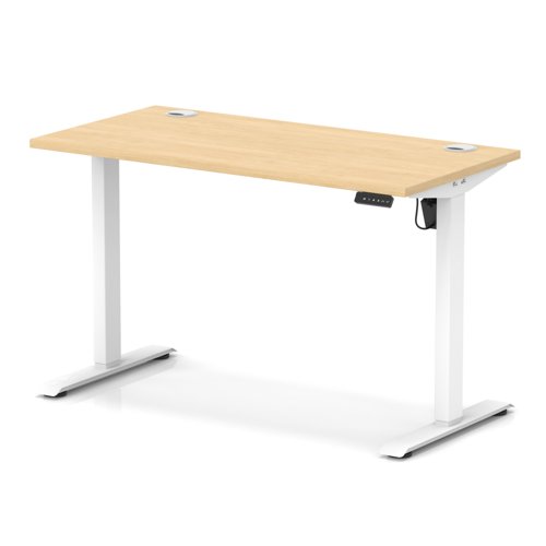 Air Lite 1200 x 600mm Height Adjustable Office Desk Maple Top Cable Ports White Leg