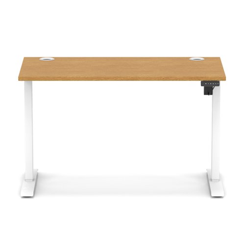 Air Lite 1200 x 600mm Height Adjustable Office Desk Oak Top Cable Ports White Leg
