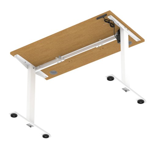 Air Lite 1200 x 600mm Height Adjustable Office Desk Oak Top Cable Ports White Leg