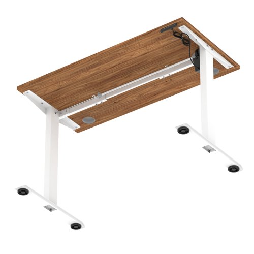 Air Lite 1200 x 600mm Height Adjustable Office Desk Walnut Top Cable Ports White Leg
