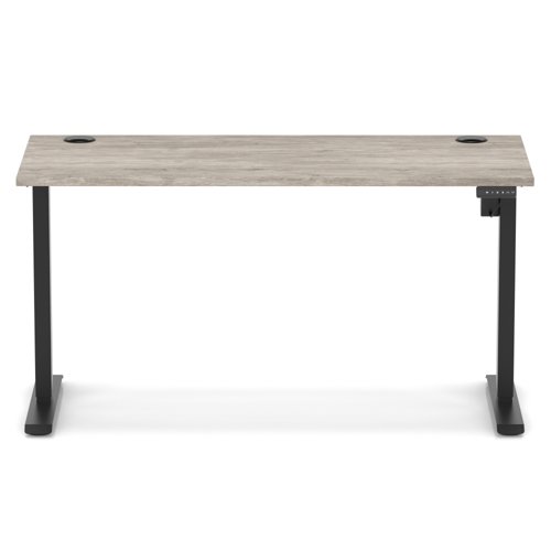 Air Lite 1400 x 600mm Height Adjustable Office Desk Grey Oak Top Cable Ports Black Leg