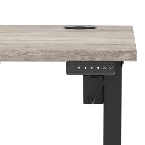 Air Lite 1400 x 600mm Height Adjustable Office Desk Grey Oak Top Cable Ports Black Leg