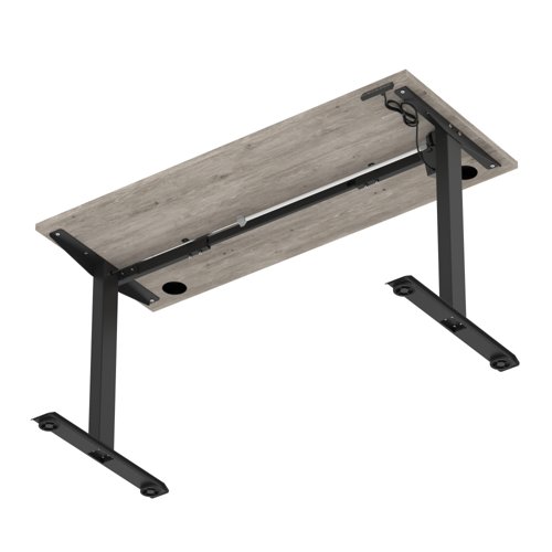 Air Lite 1400 x 600mm Height Adjustable Office Desk Grey Oak Top Cable Ports Black Leg