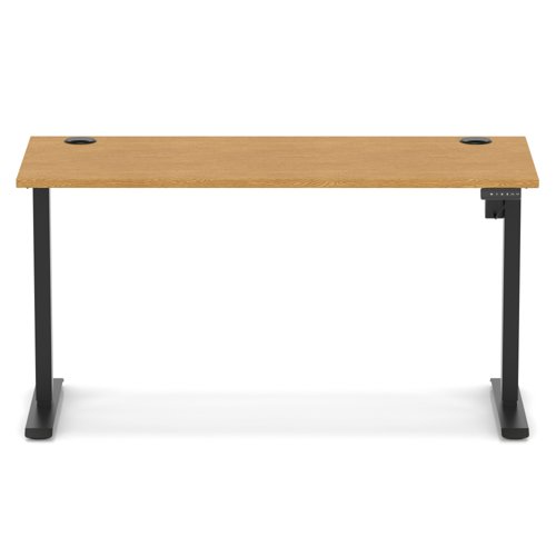 Air Lite 1400 x 600mm Height Adjustable Office Desk Oak Top Cable Ports Black Leg