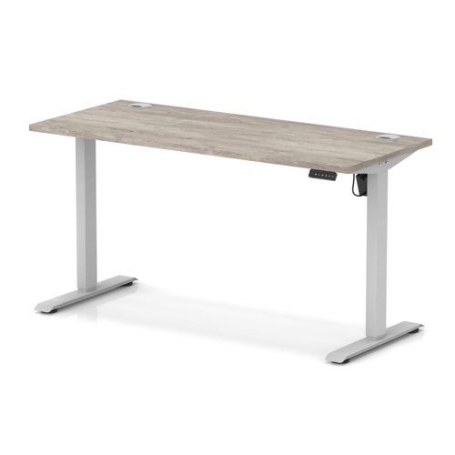 Air Lite 1400 x 600mm Height Adjustable Office Desk Grey Oak Top Cable Ports Silver Leg