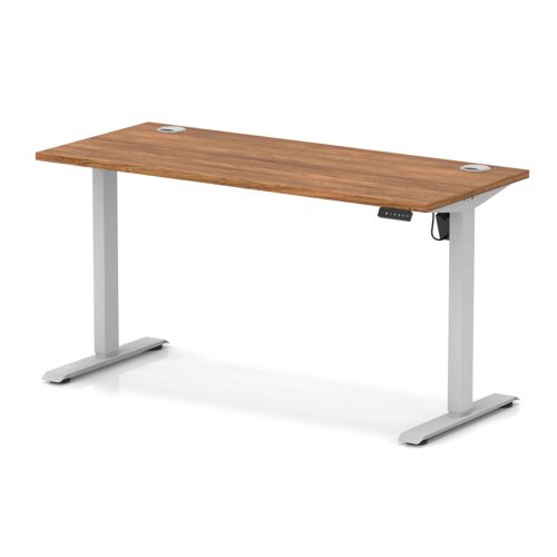 Air Lite 1400 x 600mm Height Adjustable Office Desk Walnut Top Cable Ports Silver Leg