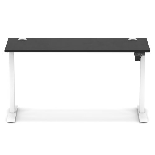 Air Lite 1400 x 600mm Height Adjustable Office Desk Black Top Cable Ports White Leg