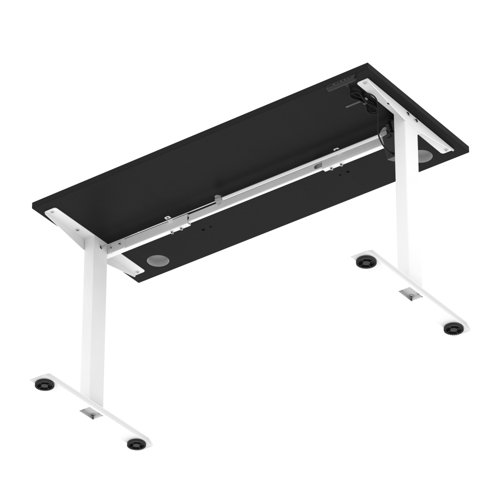 Air Lite 1400 x 600mm Height Adjustable Office Desk Black Top Cable Ports White Leg