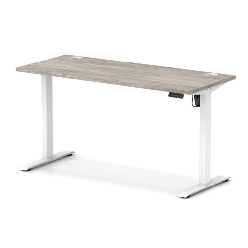 Air Lite 1400 x 600mm Height Adjustable Office Desk Grey Oak Top Cable Ports White Leg