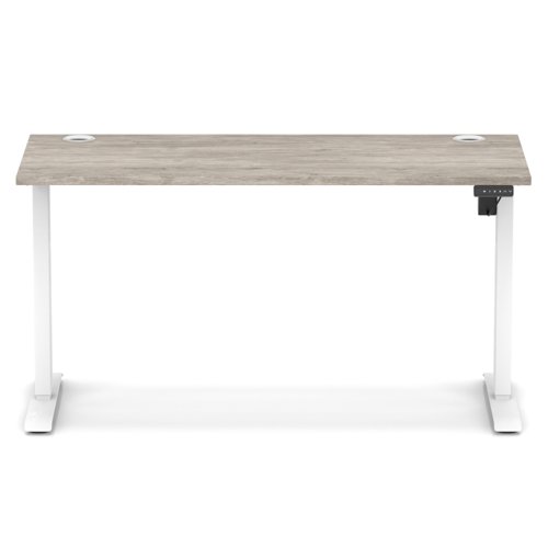 Air Lite 1400 x 600mm Height Adjustable Office Desk Grey Oak Top Cable Ports White Leg