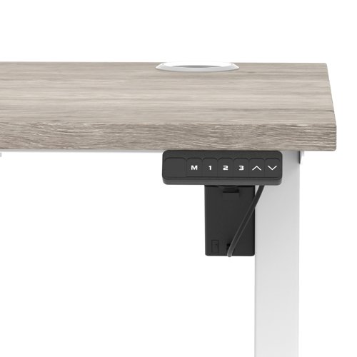 Air Lite 1400 x 600mm Height Adjustable Office Desk Grey Oak Top Cable Ports White Leg