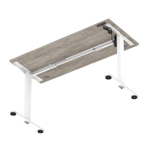 Air Lite 1400 x 600mm Height Adjustable Office Desk Grey Oak Top Cable Ports White Leg
