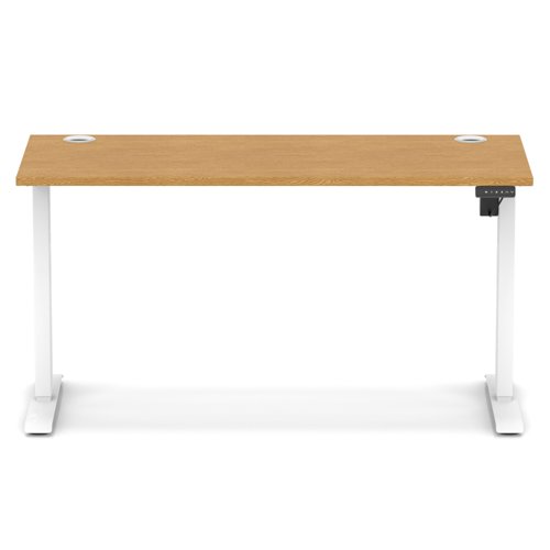 Air Lite 1400 x 600mm Height Adjustable Office Desk Oak Top Cable Ports White Leg