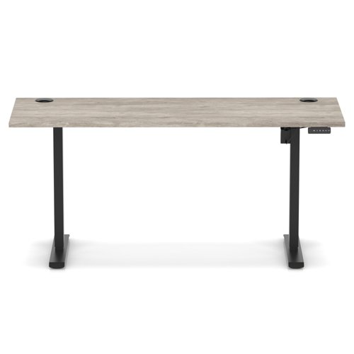 Air Lite 1600 x 600mm Height Adjustable Office Desk Grey Oak Top Cable Ports Black Leg