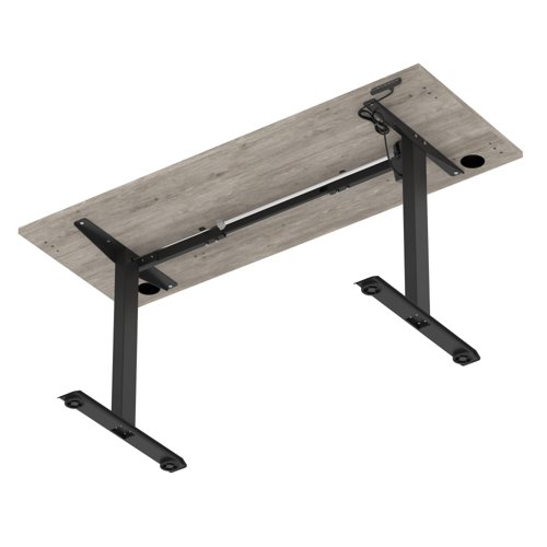 Air Lite 1600 x 600mm Height Adjustable Office Desk Grey Oak Top Cable Ports Black Leg