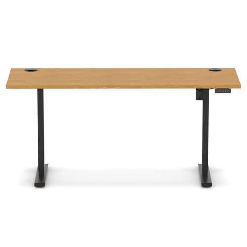 Air Lite 1600 x 600mm Height Adjustable Office Desk Oak Top Cable Ports Black Leg