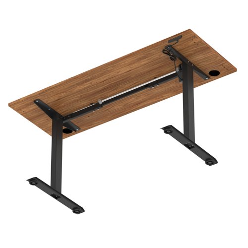 Air Lite 1600 x 600mm Height Adjustable Office Desk Walnut Top Cable Ports Black Leg