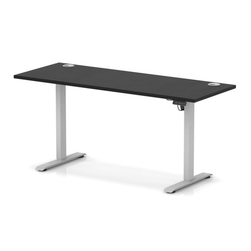 Air Lite 1600 x 600mm Height Adjustable Office Desk Black Top Cable Ports Silver Leg