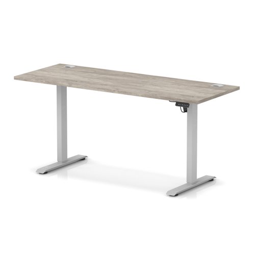 Air Lite 1600 x 600mm Height Adjustable Office Desk Grey Oak Top Cable Ports Silver Leg
