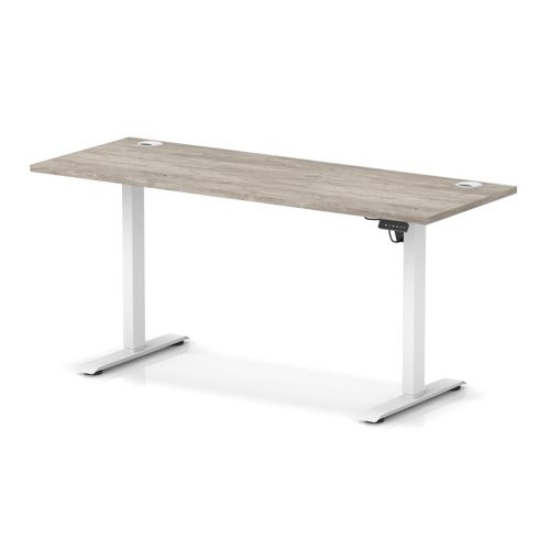 Air Lite 1600 x 600mm Height Adjustable Office Desk Grey Oak Top Cable Ports White Leg