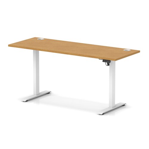 Air Lite 1600 x 600mm Height Adjustable Office Desk Oak Top Cable Ports White Leg