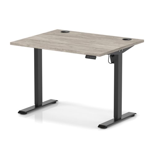 Air Lite 1000 x 800mm Height Adjustable Office Desk Grey Oak Top Cable Ports Black Leg