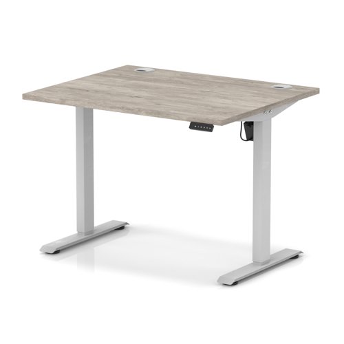 Air Lite 1000 x 800mm Height Adjustable Office Desk Grey Oak Top Cable Ports Silver Leg