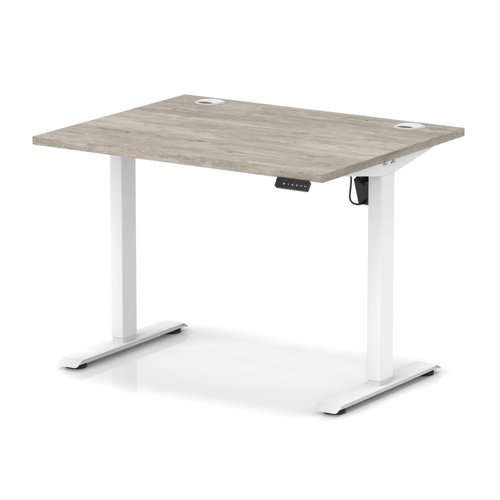 Air Lite 1000 x 800mm Height Adjustable Office Desk Grey Oak Top Cable Ports White Leg