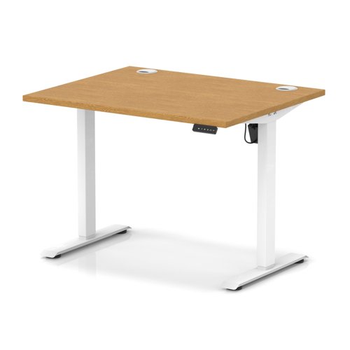 Air Lite 1000 x 800mm Height Adjustable Office Desk Oak Top Cable Ports White Leg