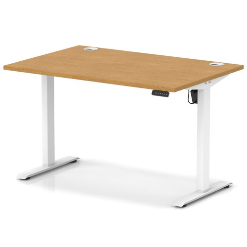 Air Lite 1200 x 800mm Height Adjustable Office Desk Oak Top Cable Ports White Leg