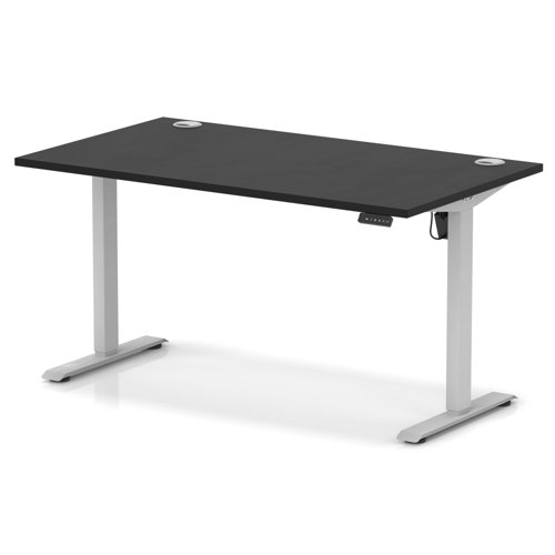 Air Lite 1400 x 800mm Height Adjustable Office Desk Black Top Cable Ports Silver Leg