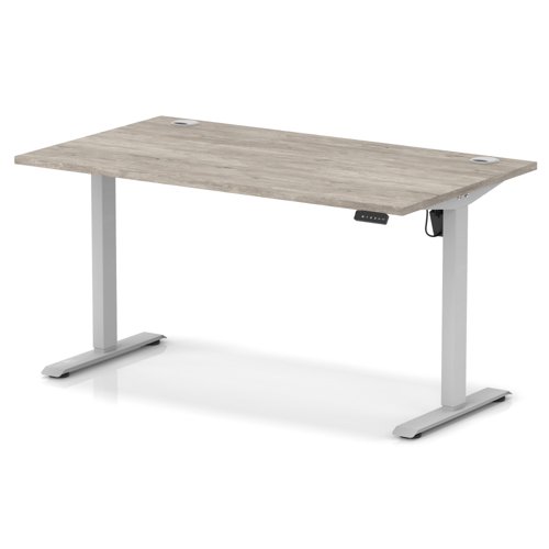 Air Lite 1400 x 800mm Height Adjustable Office Desk Grey Oak Top Cable Ports Silver Leg
