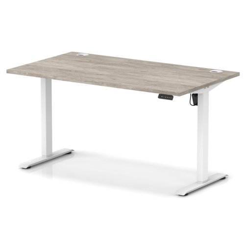 Air Lite 1400 x 800mm Height Adjustable Office Desk Grey Oak Top Cable Ports White Leg