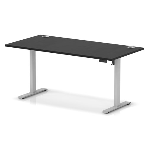 Air Lite 1600 x 800mm Height Adjustable Office Desk Black Top Cable Ports Silver Leg
