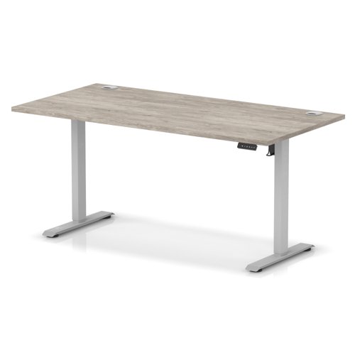 Air Lite 1600 x 800mm Height Adjustable Office Desk Grey Oak Top Cable Ports Silver Leg