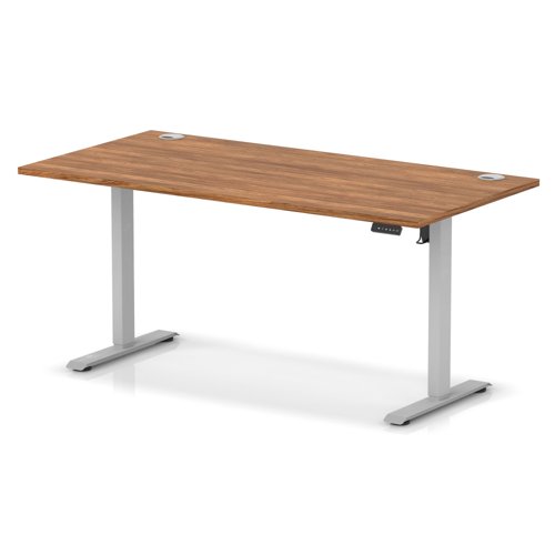 Air Lite 1600 x 800mm Height Adjustable Office Desk Walnut Top Cable Ports Silver Leg