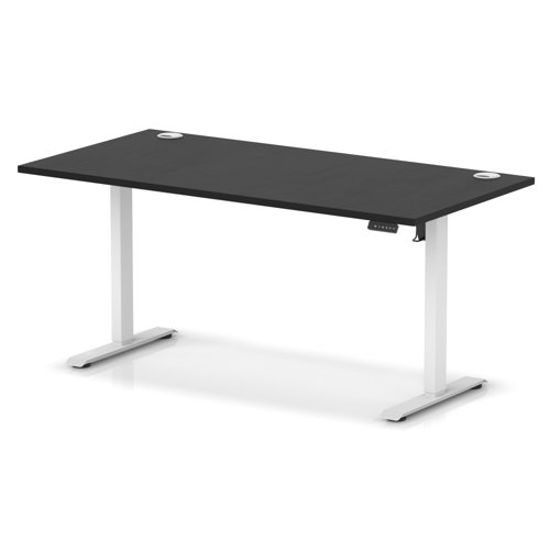 Air Lite 1600 x 800mm Height Adjustable Office Desk Black Top Cable Ports White Leg