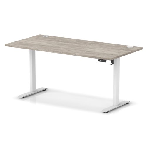 Air Lite 1600 x 800mm Height Adjustable Office Desk Grey Oak Top Cable Ports White Leg