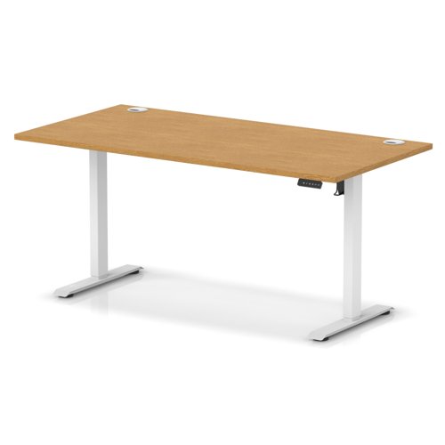 Air Lite 1600 x 800mm Height Adjustable Office Desk Oak Top Cable Ports White Leg